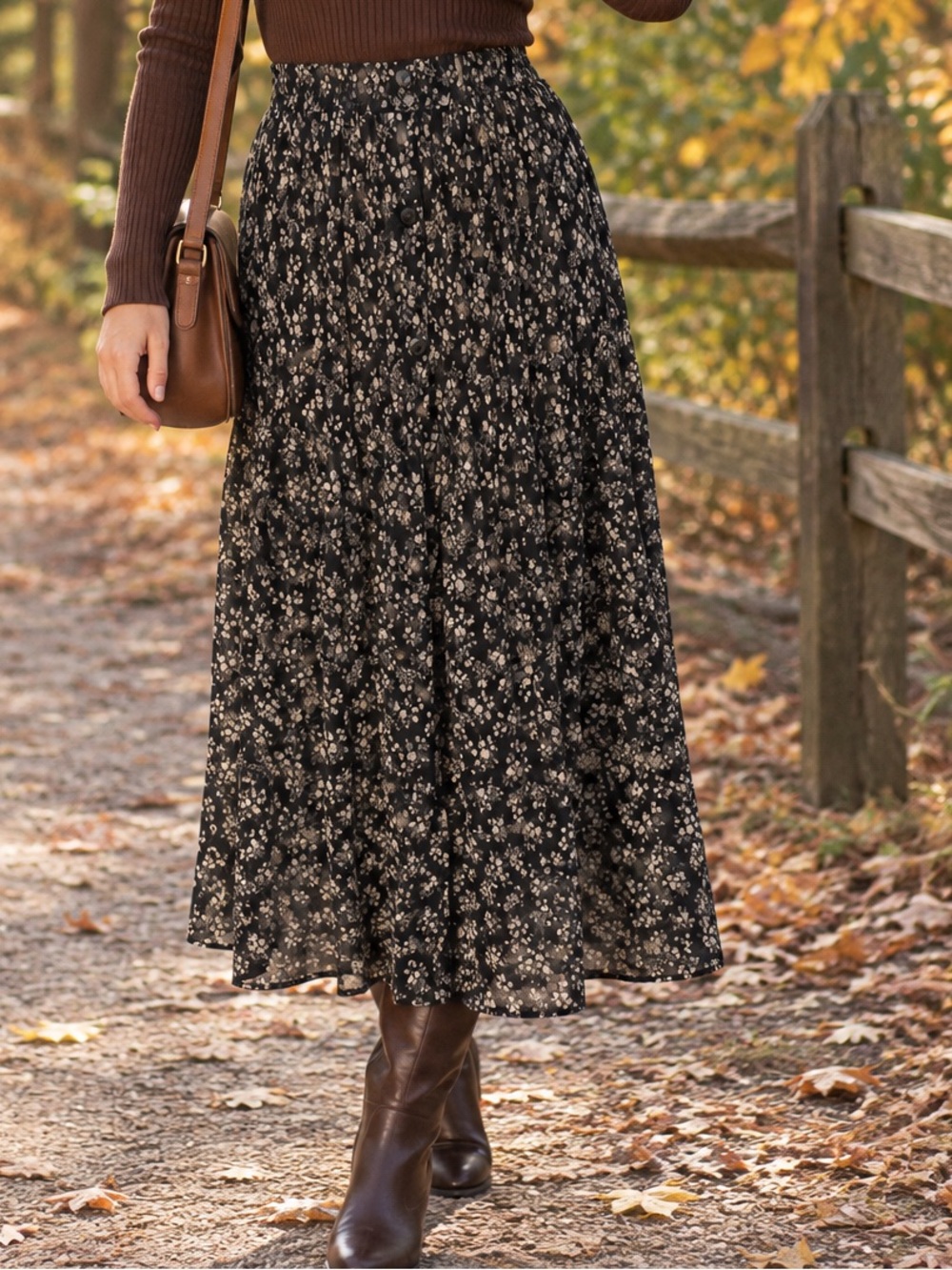 VTG Compagnie International Express Black Floral semi sheer button Maxi Skirt XS